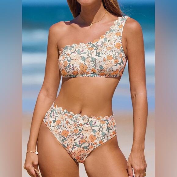 CUPSHE NWT Women's Floral Bikini Set Swimsuit One Shoulder Wide Strap Size Large - Picture 1 of 12